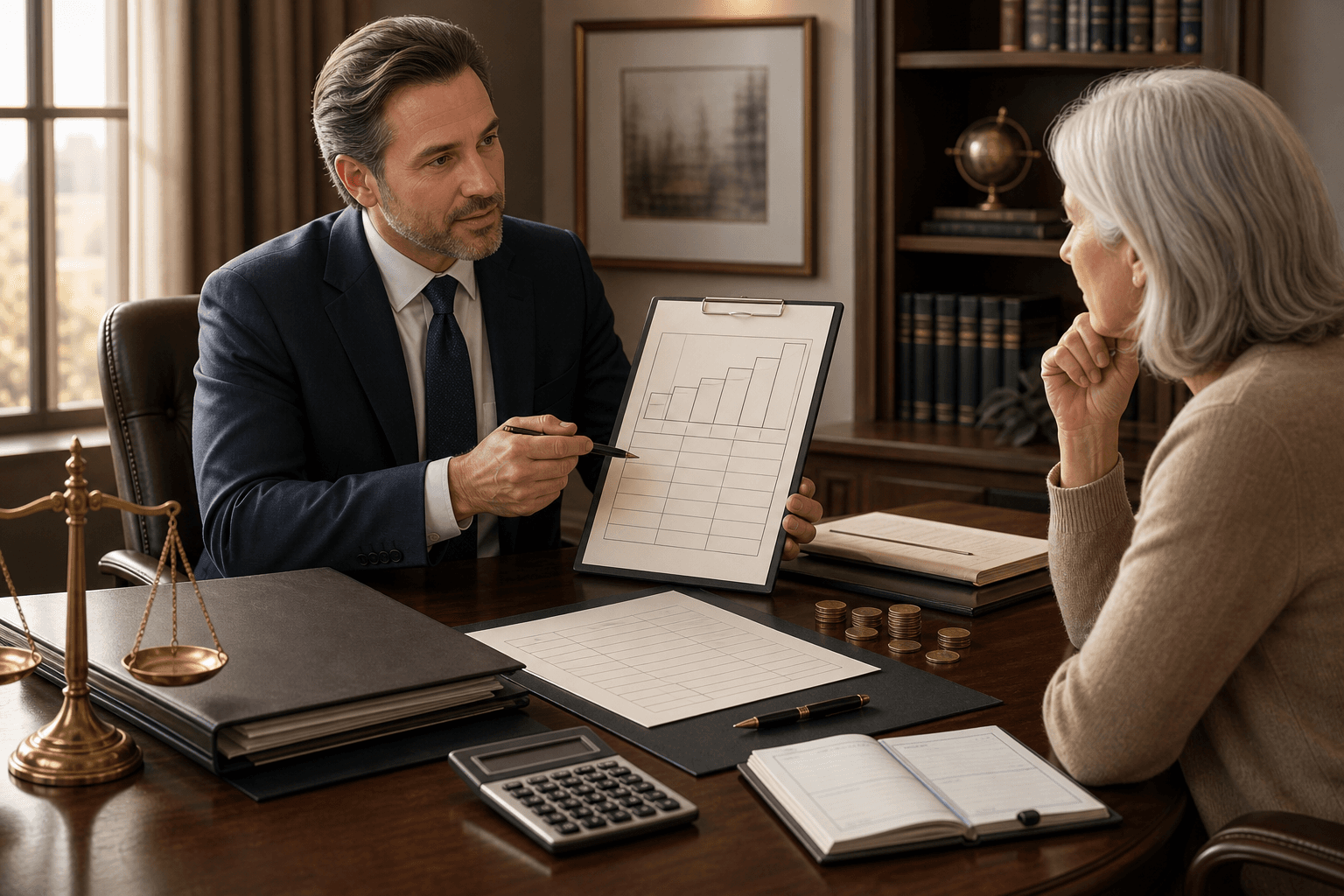 Probate cost worksheet with calculator and estate documents in a law office
