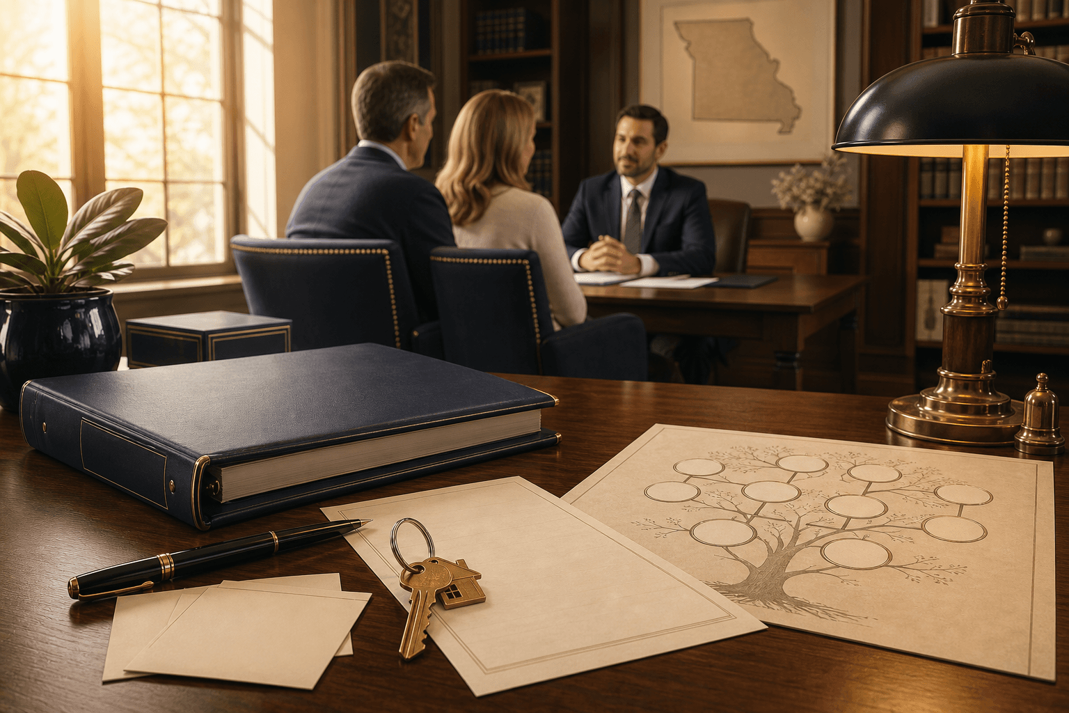 Estate planning documents, house key, and family tree for avoiding probate in Missouri
