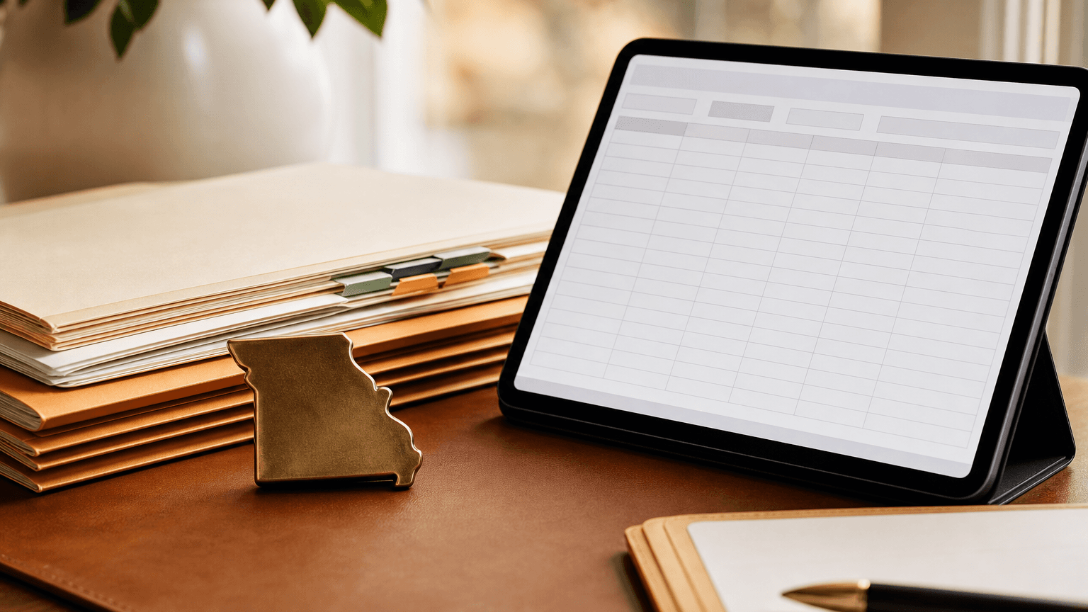 Organized mass tort settlement folders and blank claims spreadsheet beside a Missouri paperweight