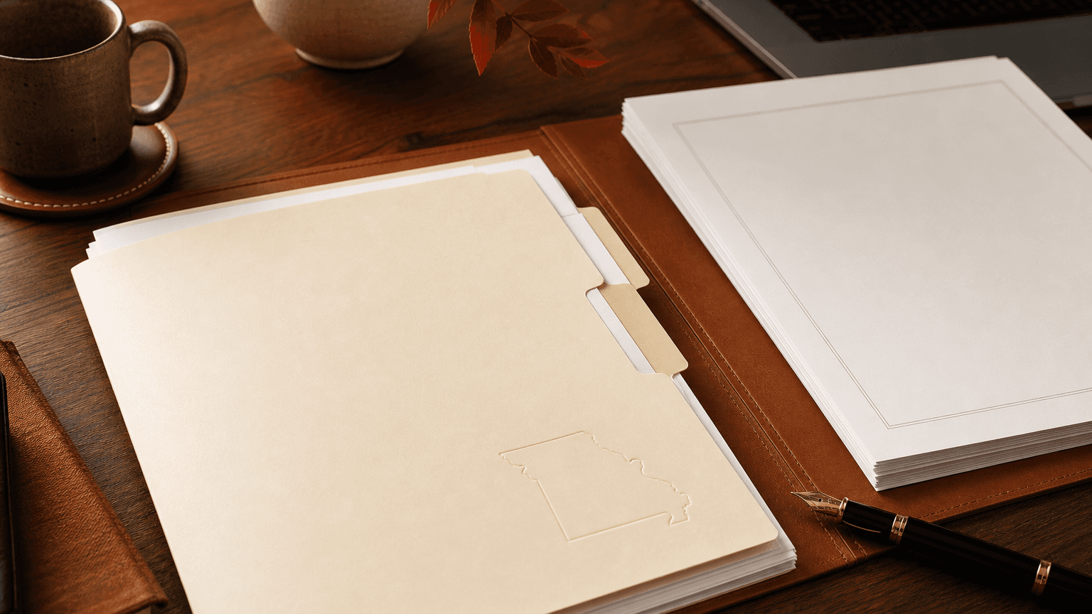 Organized settlement administrator file with blank Missouri probate documents on a warm wood desk