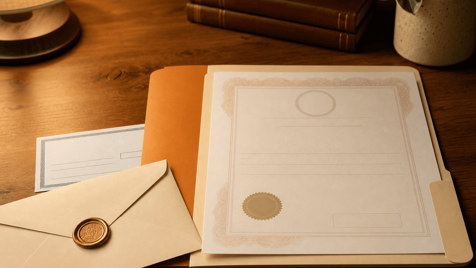 Blank settlement payment documents and probate folder on a warm wood desk