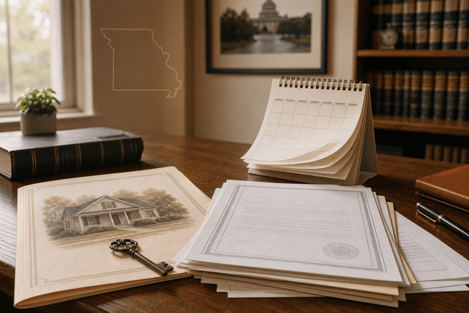 Old house key, deed, probate papers, and calendar on a desk for a Missouri delayed probate article