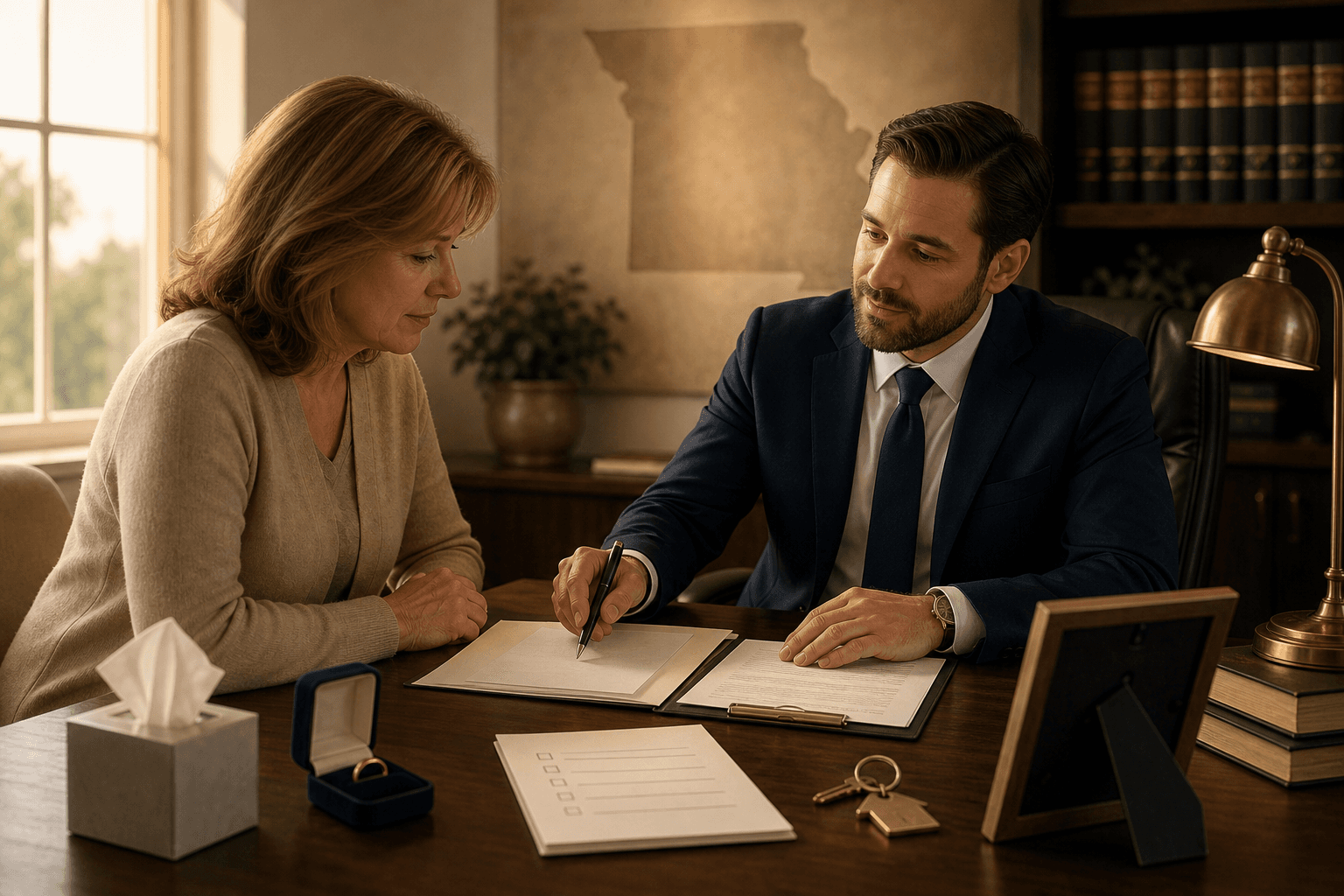 Surviving spouse reviewing estate documents with a compassionate Missouri attorney