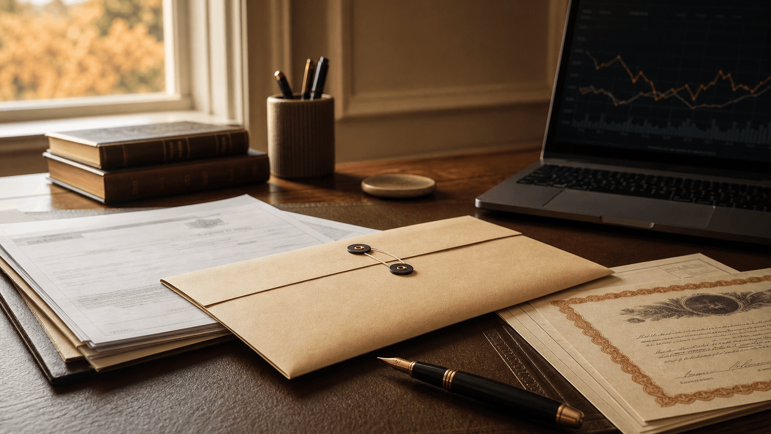 Probate paperwork, a sealed account transfer envelope, and financial account documents on a desk