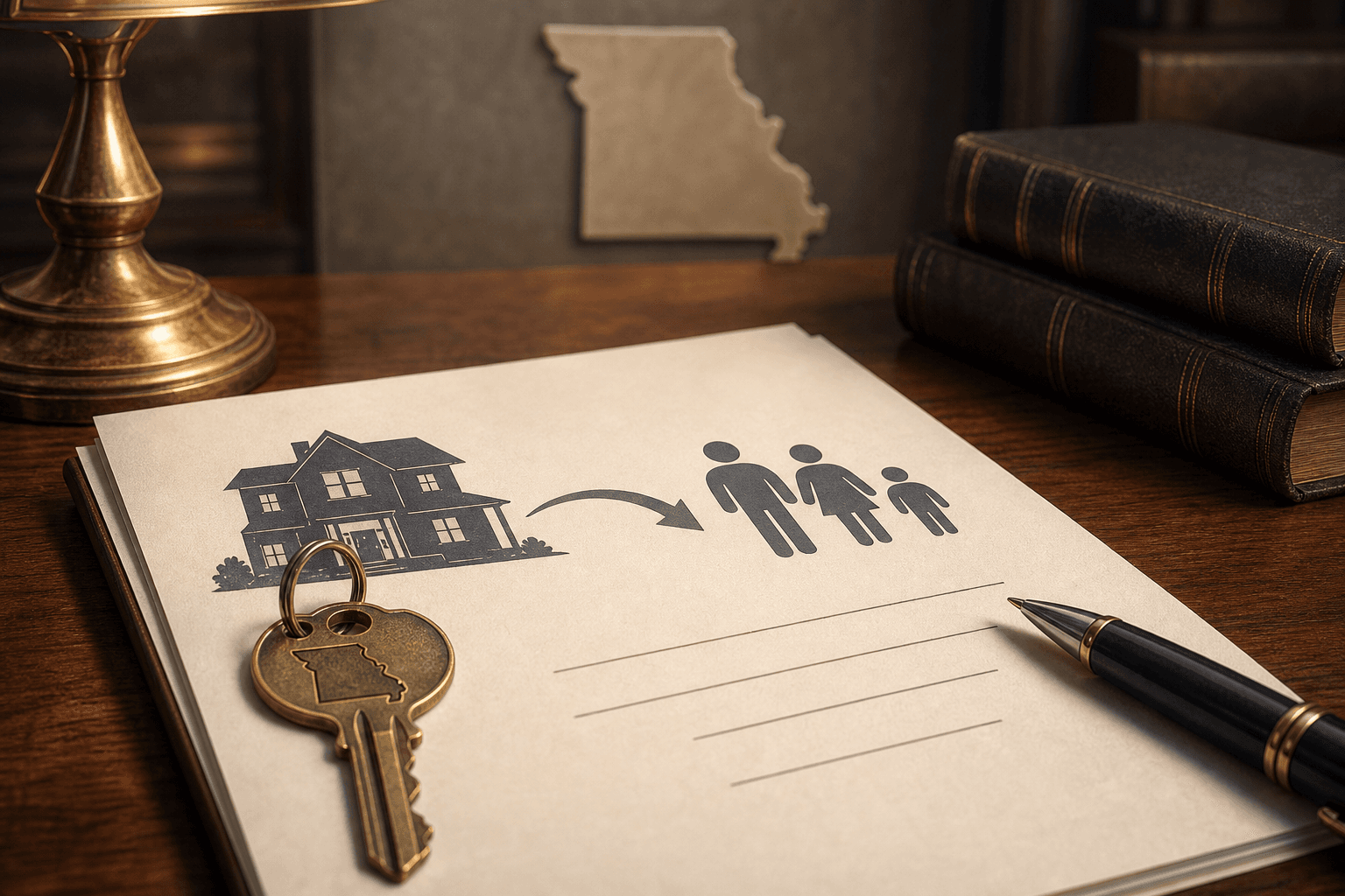 House key and beneficiary deed documents on a Missouri estate planning desk