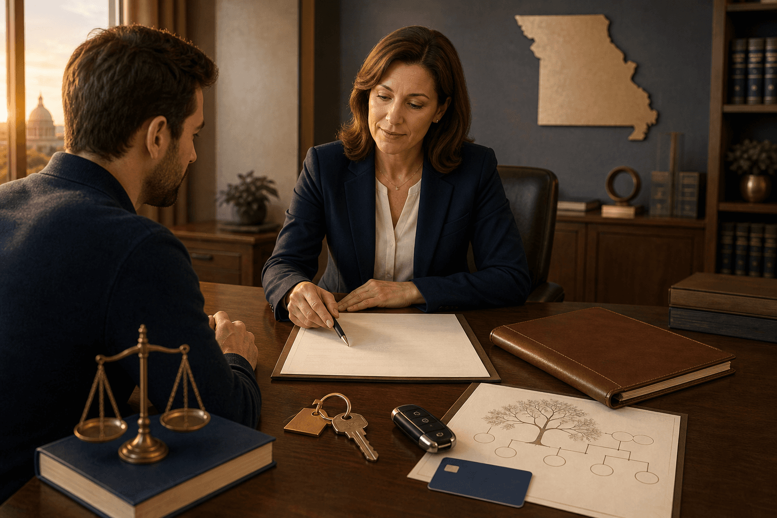 Property transfer documents with house and car keys after a death in Missouri