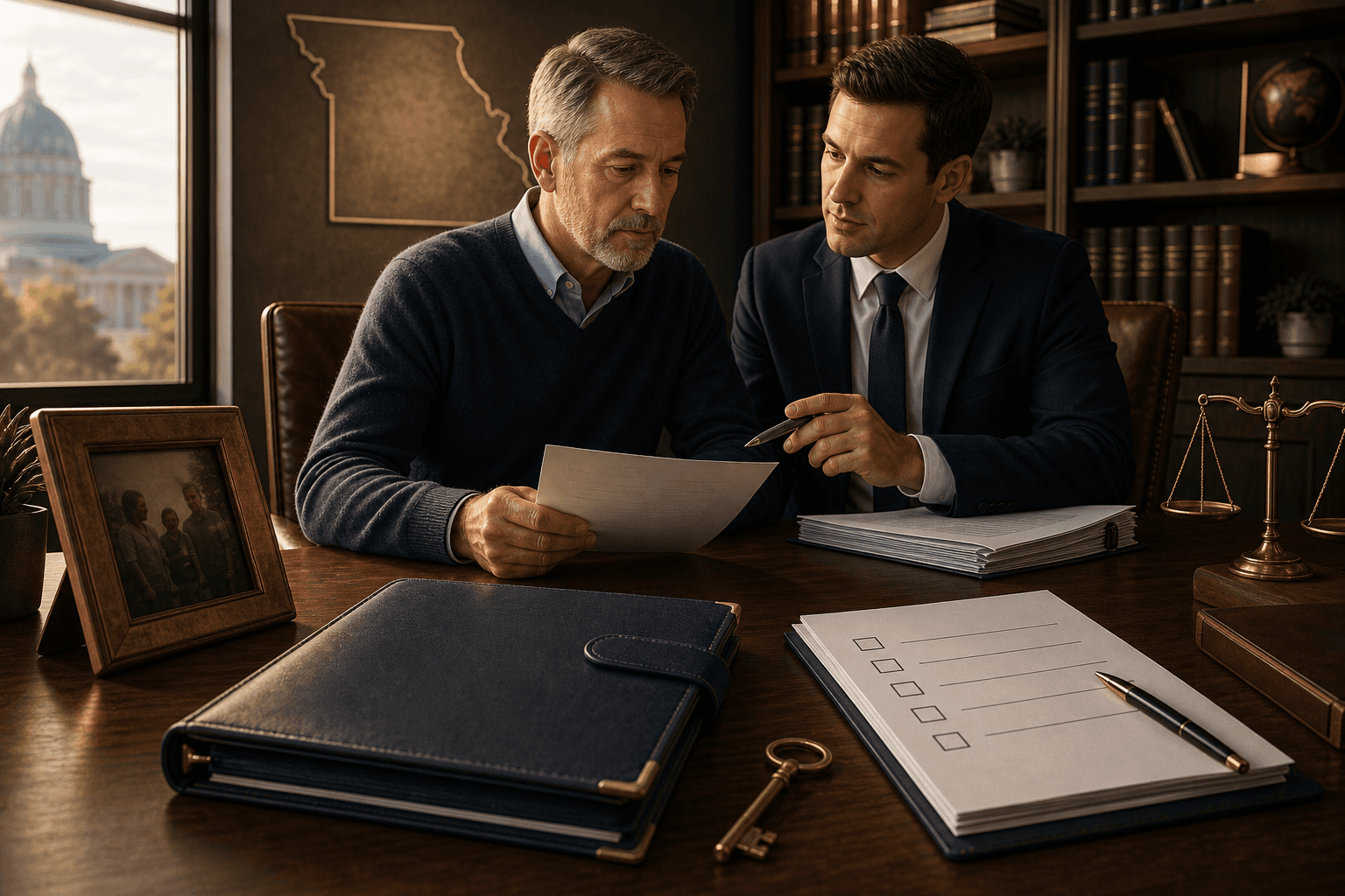 Successor trustee reviewing trust administration documents with an attorney