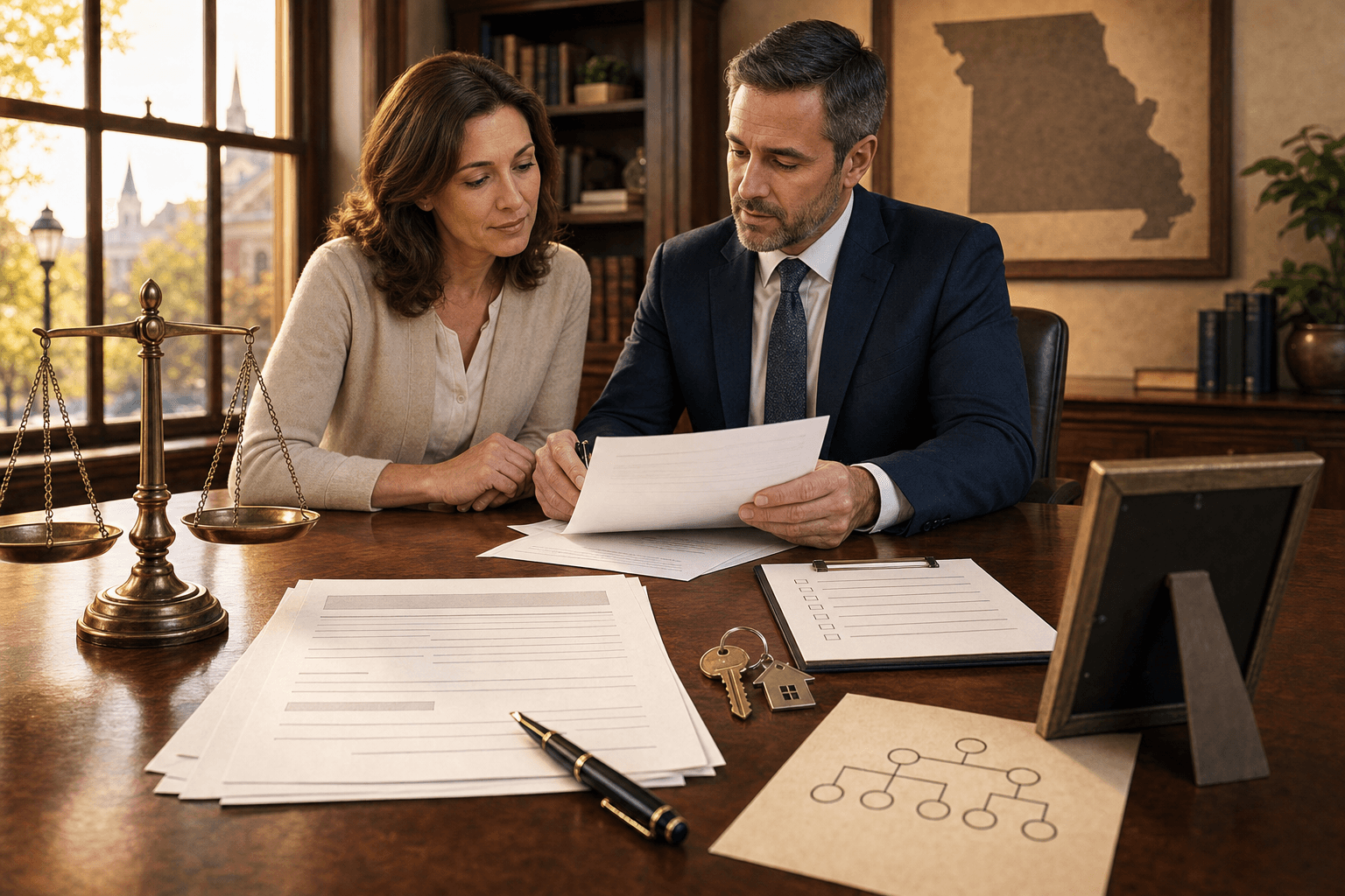 Personal representative and probate attorney reviewing estate documents in a Missouri law office
